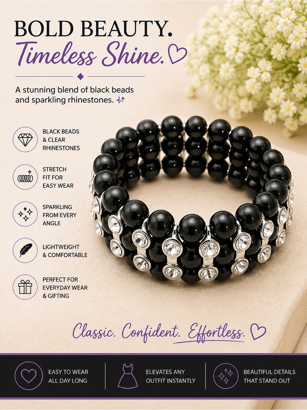 paparazzi Black Beaded Bracelet with Clear Rhinestones
